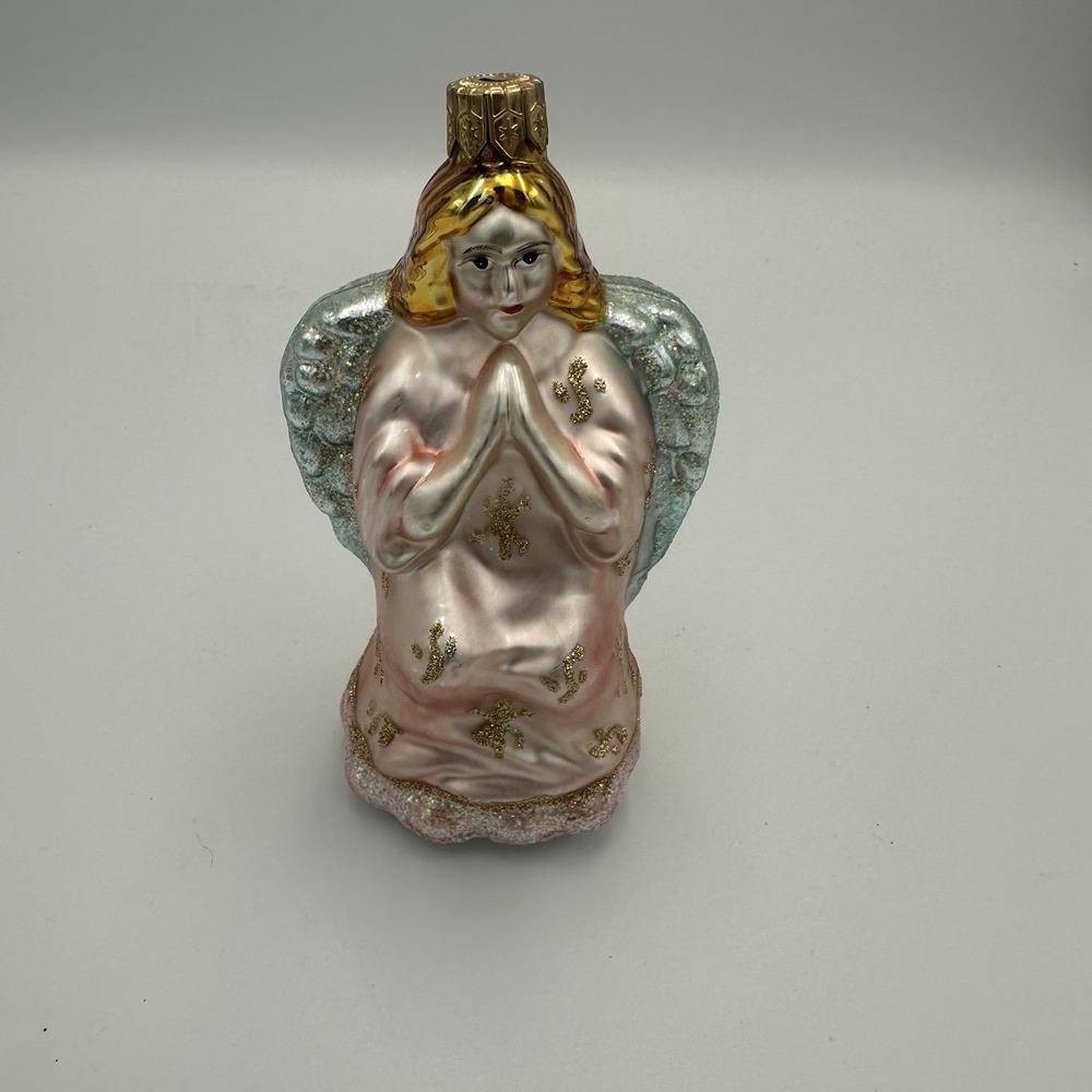 Vintage Hand Blown Glass Praying Angel Ornament Pink Gold Glitter‎ Poland 4.5"